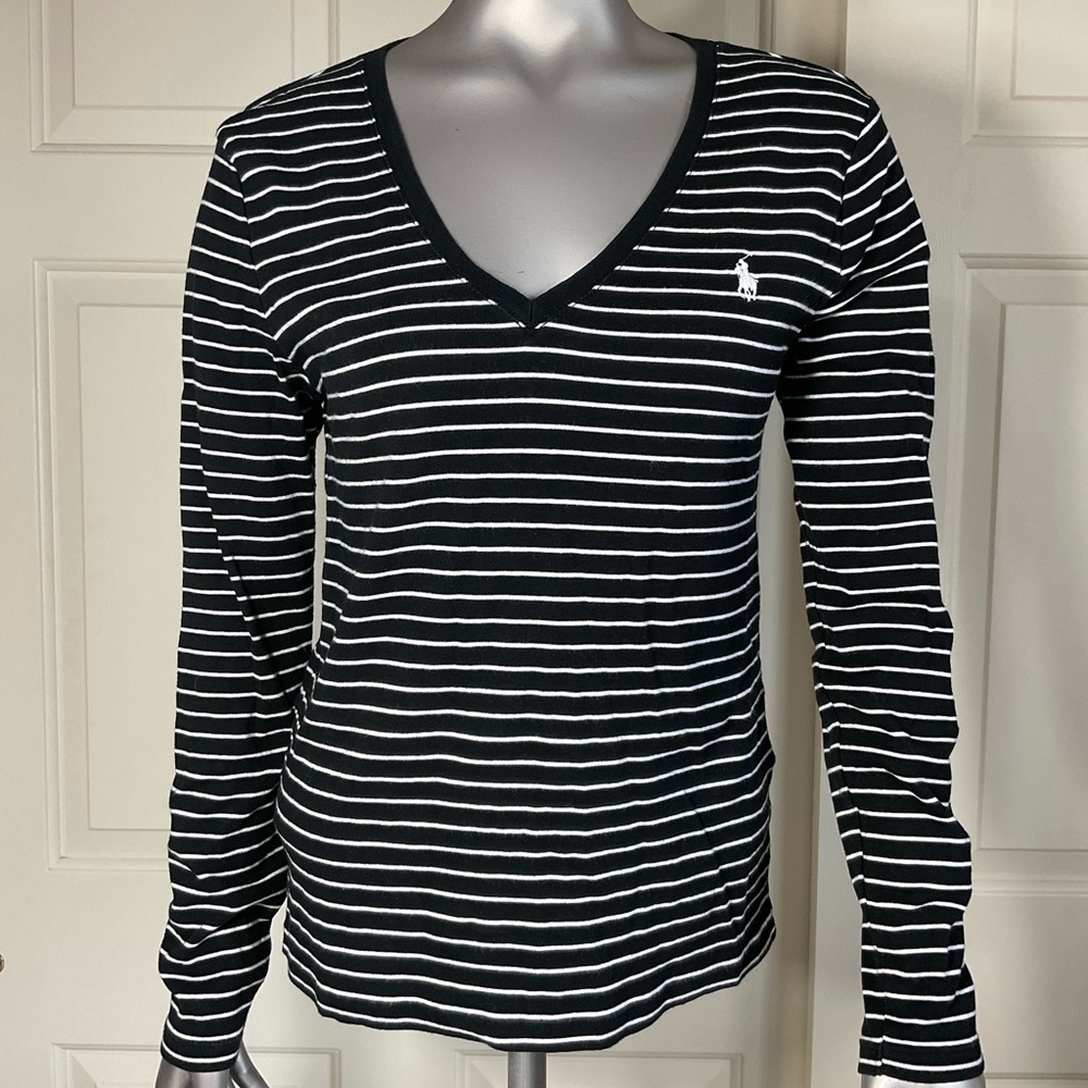 Ralph Lauren Black White Striped Long Sleeve Knit Top Women 100%Cotton Size L - Picture 4 of 7